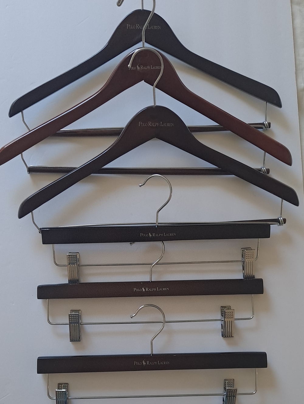 6 X Ralph Lauren Wooden Hangers 3 Shirts / Coats & 3 Pants in Dark Brown Logo